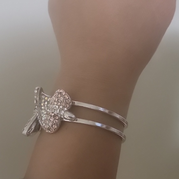 🏷ALDO BRACELET/BANGLE W/ 2 LEAF pink stone  studded silvertoned Hinged bracelet - Picture 6 of 10